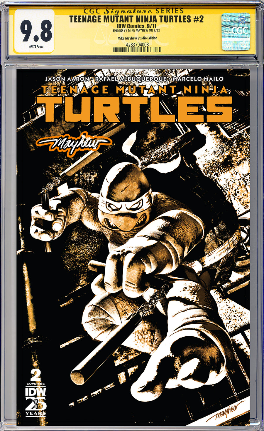 TEENAGE MUTANT NINJA TURTLES #2 Mike Mayhew Studio Variant Cover A Trade Dress Glow Sig CGC Yellow Label Guaranteed 9.8 Graded Slab