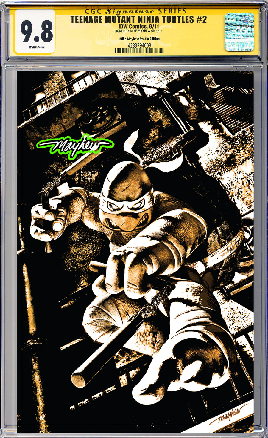 TEENAGE MUTANT NINJA TURTLES #2 Mike Mayhew Studio Variant Cover B Virgin Radioactive Glow Sig CGC Yellow Label Guaranteed 9.8 Graded Slab